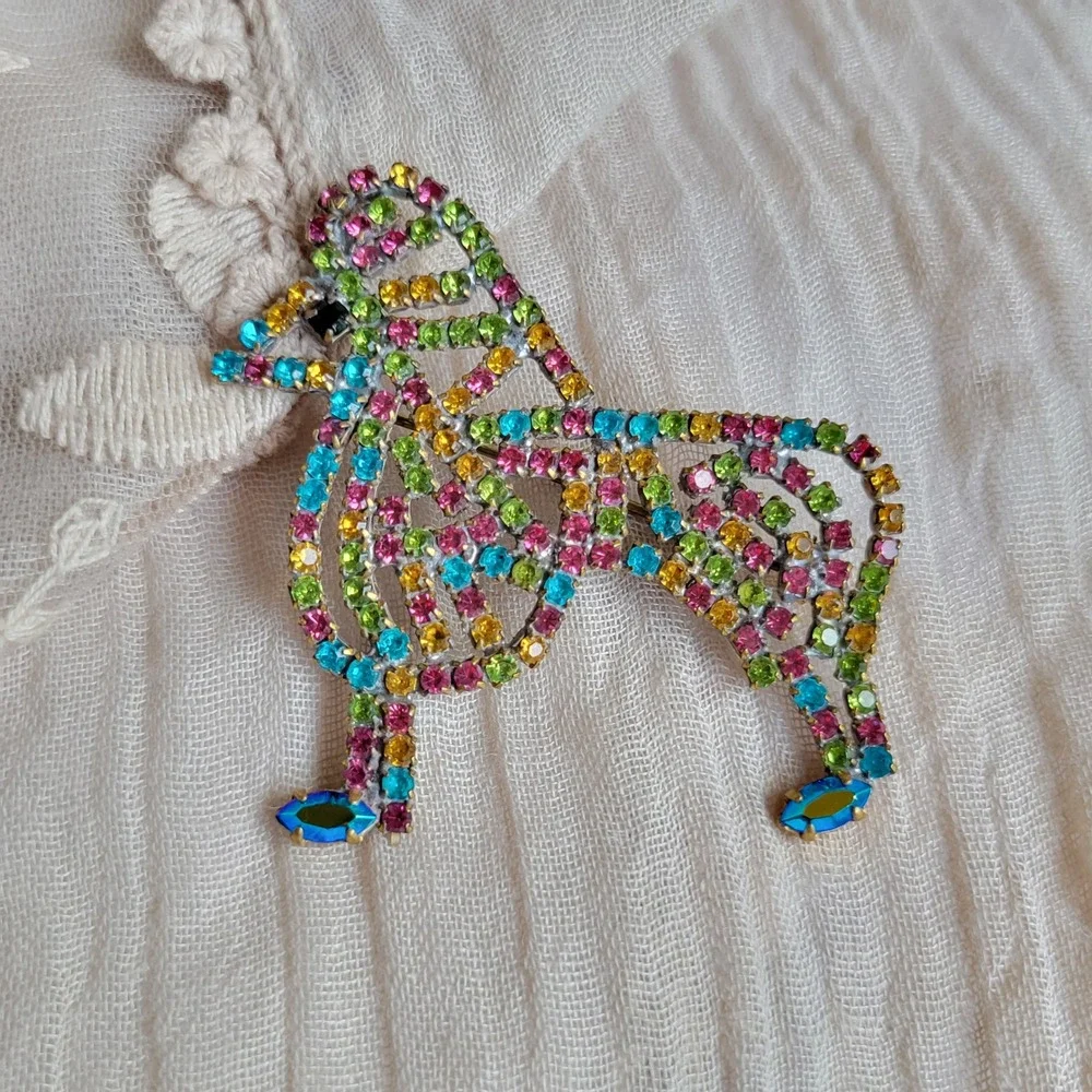 Vintage 1950s Czech Crystal Rhinestone Poodle Dog Brooch Multi Color Pot Metal